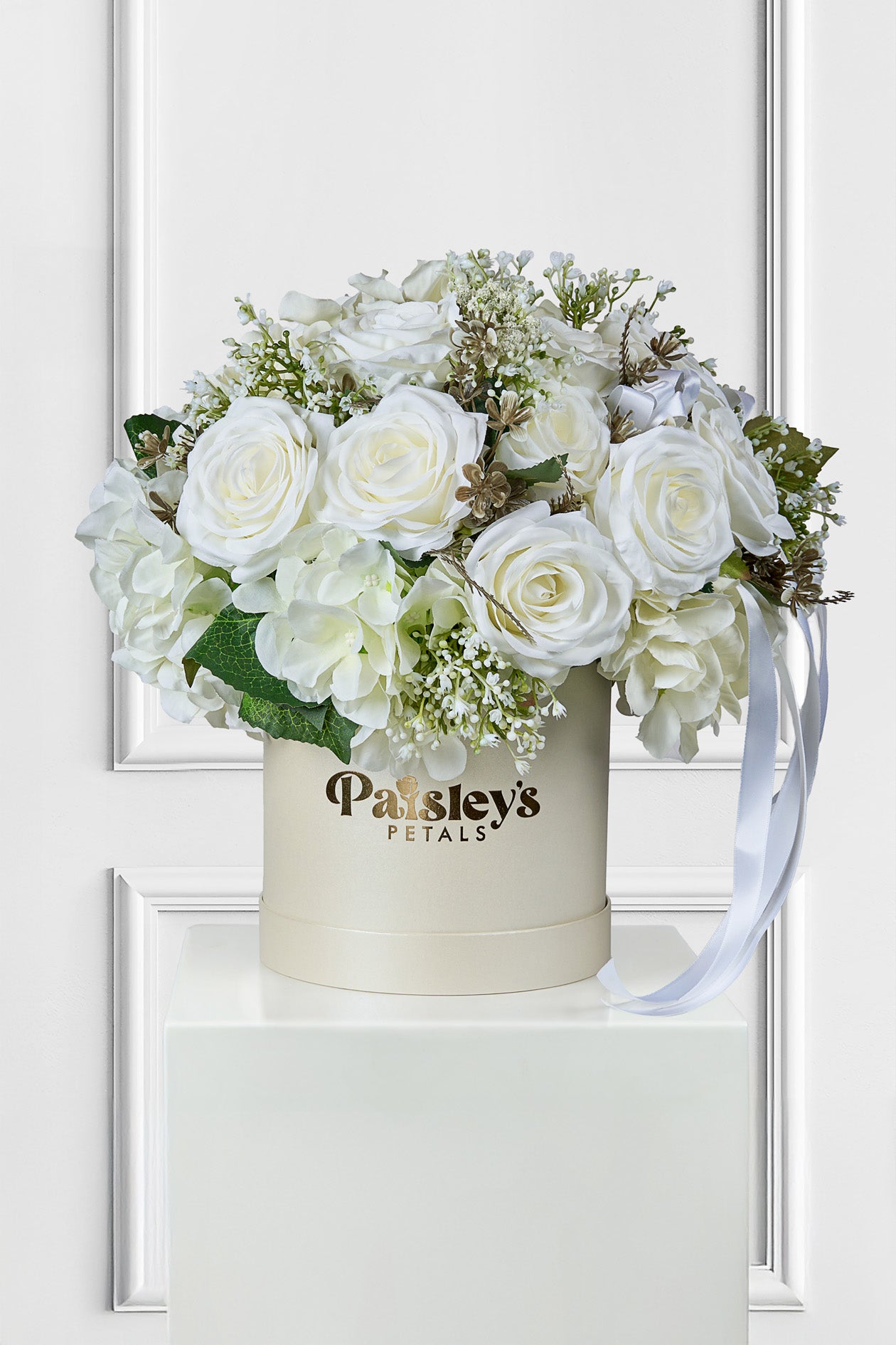 Classic White Rose Luxe Silk Petal Box: Timeless Purity with Baby’s Breath & Greenery