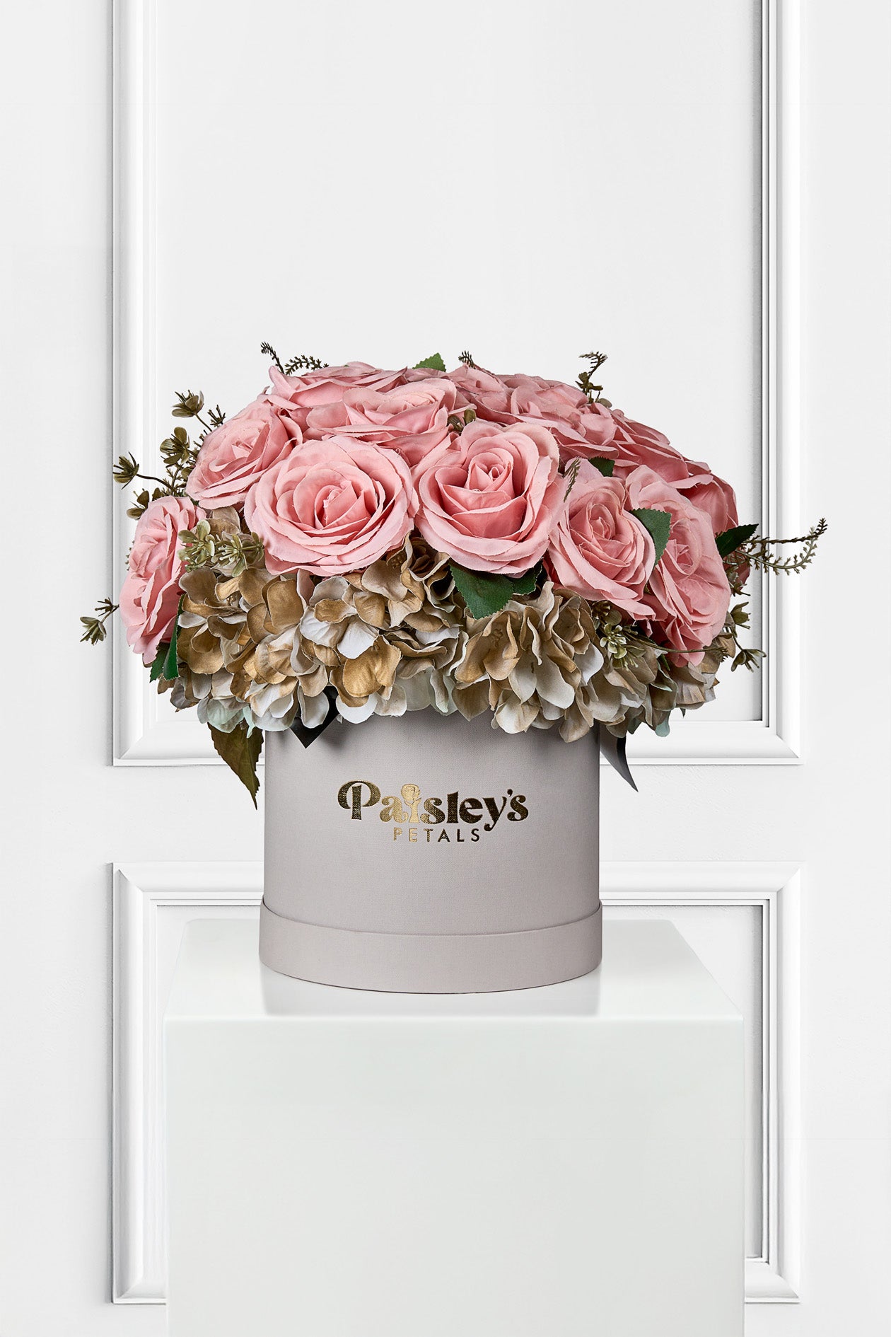 Golden Love Luxe Silk Petal Box: Gleaming Romance with Pink Roses & Golden Hydrangeas