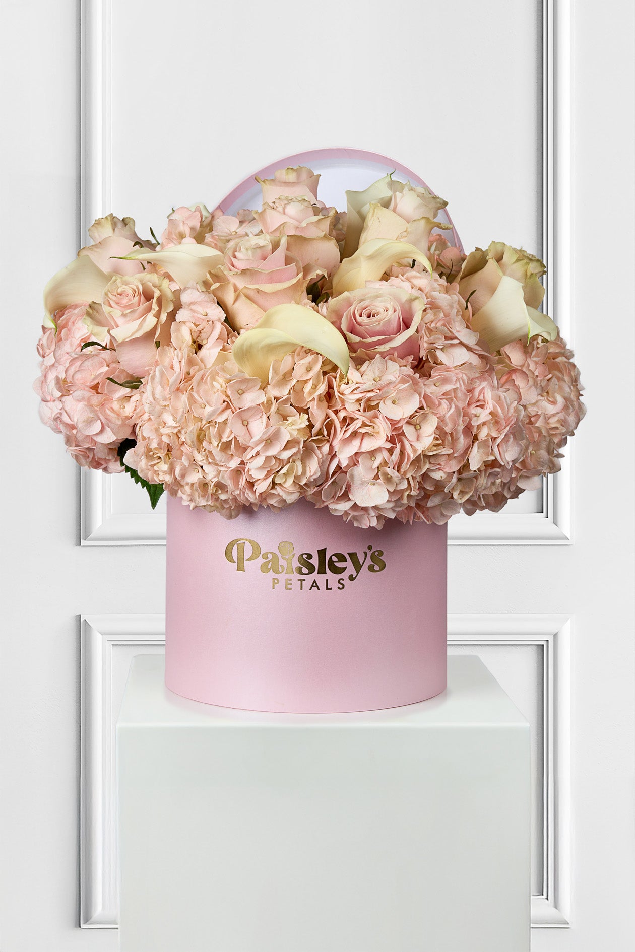 Pretty in Pink Luxe Fresh Petal Box: Elegant Arrangement of Hydrangeas, Calla Lilies & Roses